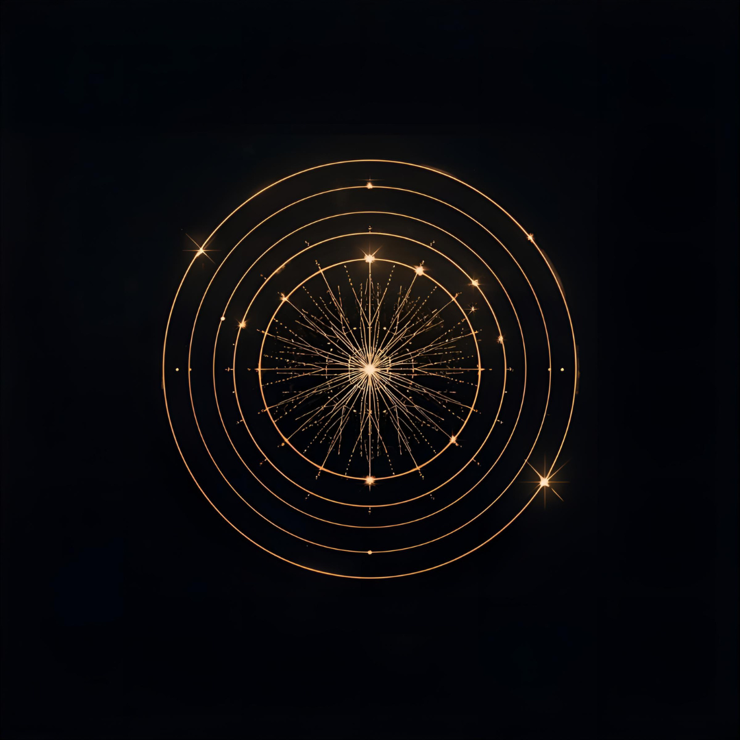 A digital depiction of golden concentric circles with starbursts and streaks emanating from the center on a black background.