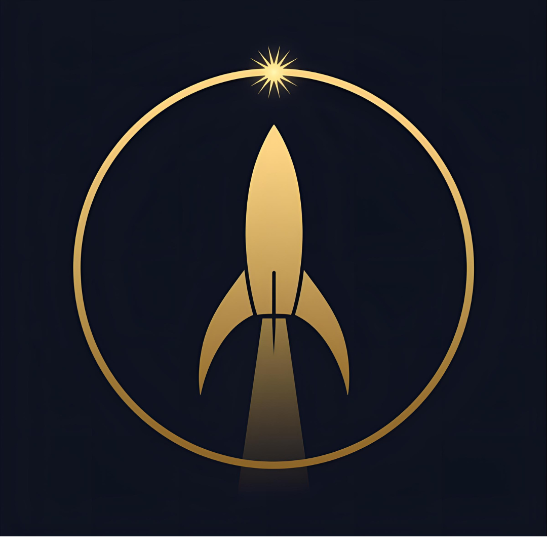 Gold rocket ship inside a circle with a starburst at the top, set against a dark background.