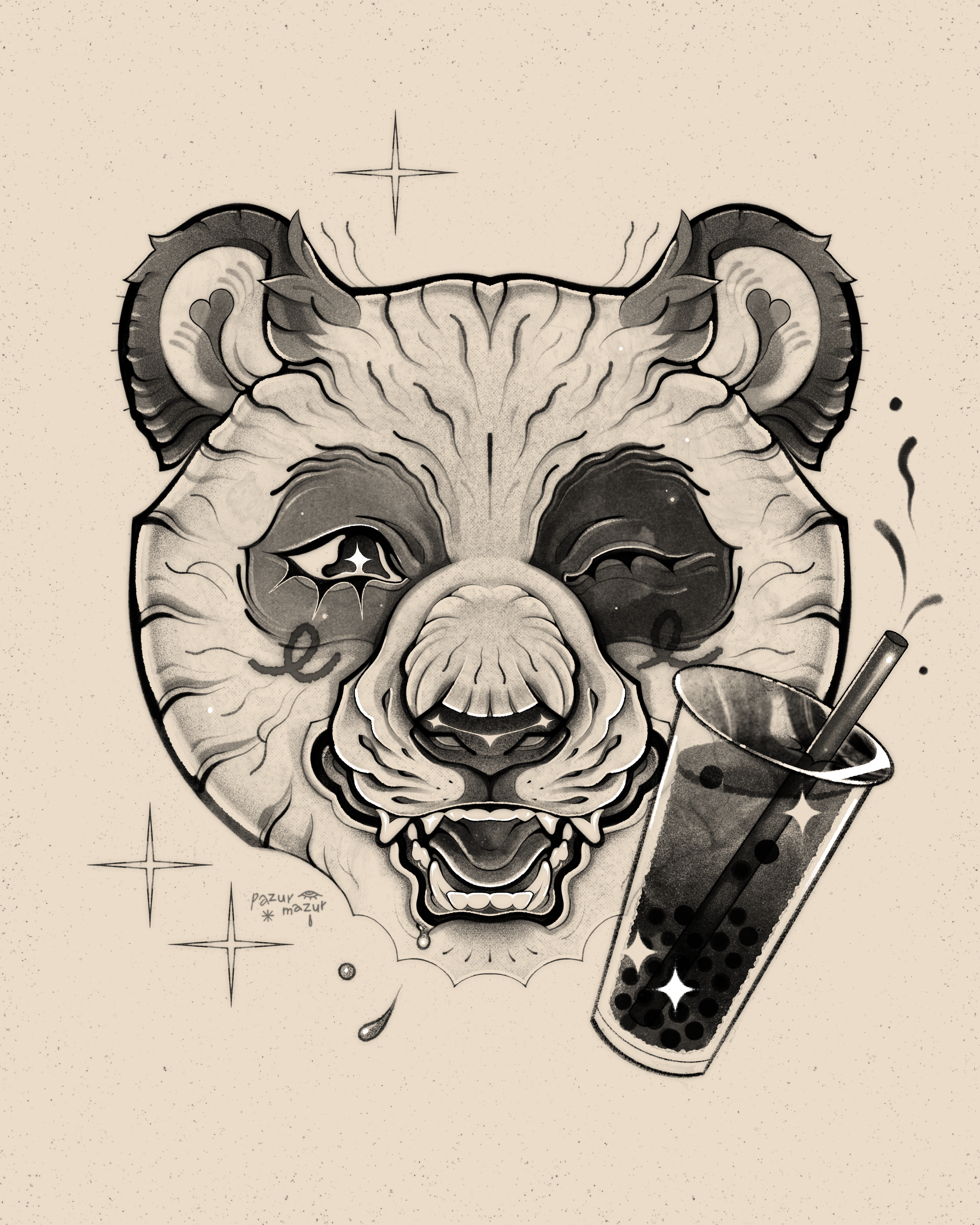 Boba panda, b&w portrait, 2023