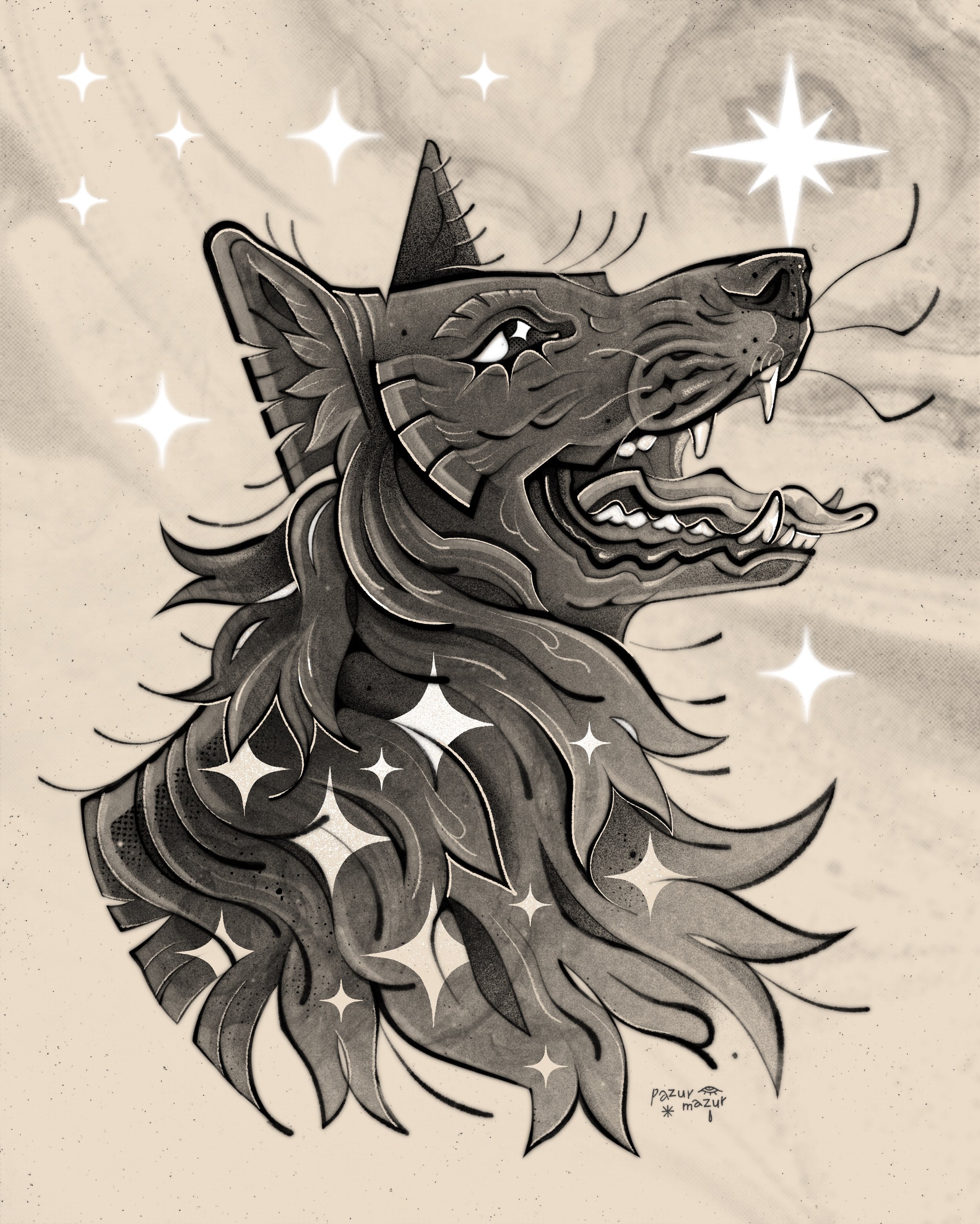 Covered in stars, b&w portrait, 2023