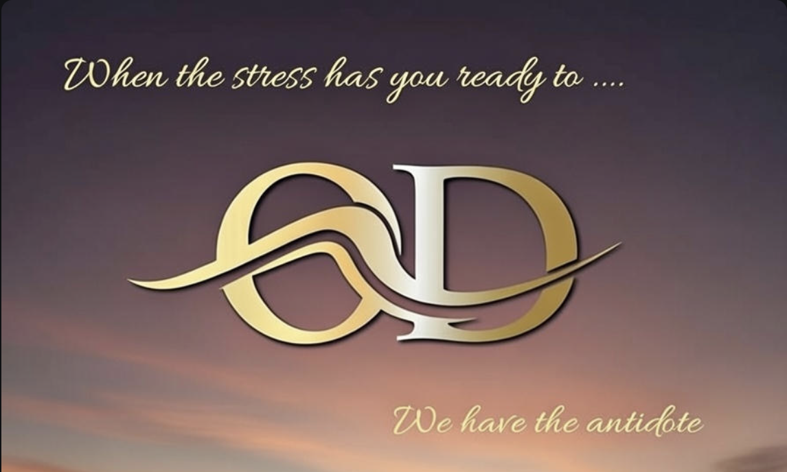 A motivational quote with the text "When the stress has you ready to..... We have the antidote" over a sunset background. The initials "OD" are prominently displayed in the center.