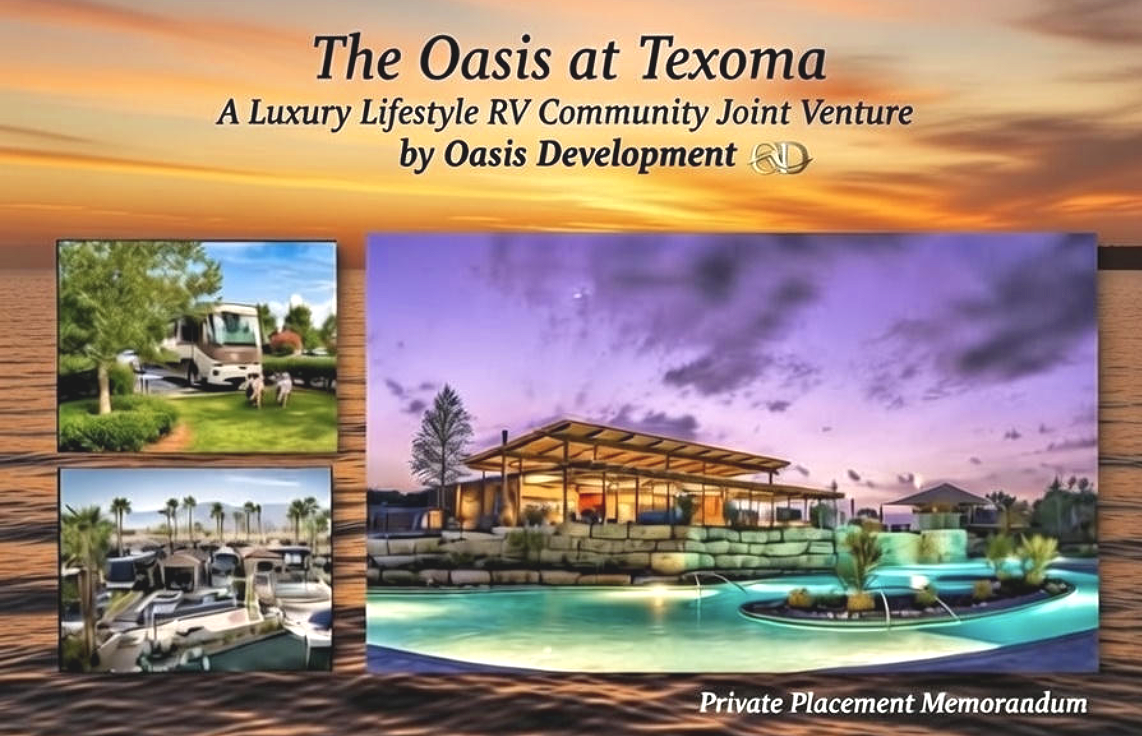 Promotional flyer for The Oasis at Texoma, a luxury RV community joint venture by Oasis Development, showing images of RVs, a pool, and community amenities