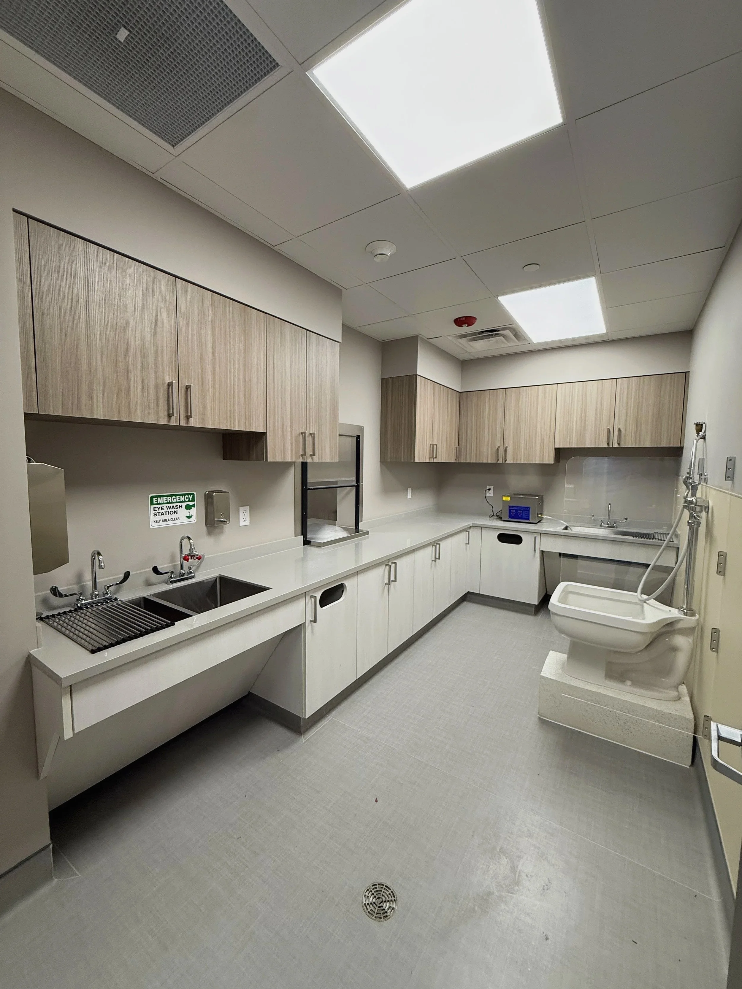 Medical lab with light wood upper cabinets, base cabinets, and integrated sink