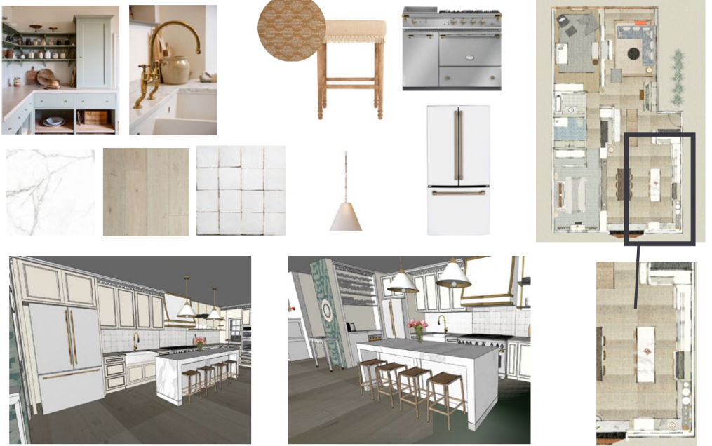 Collage of kitchen interior design elements, including cabinetry, sink, faucet, furniture, color swatches, tiles, lighting fixtures, appliances, and floor plans.