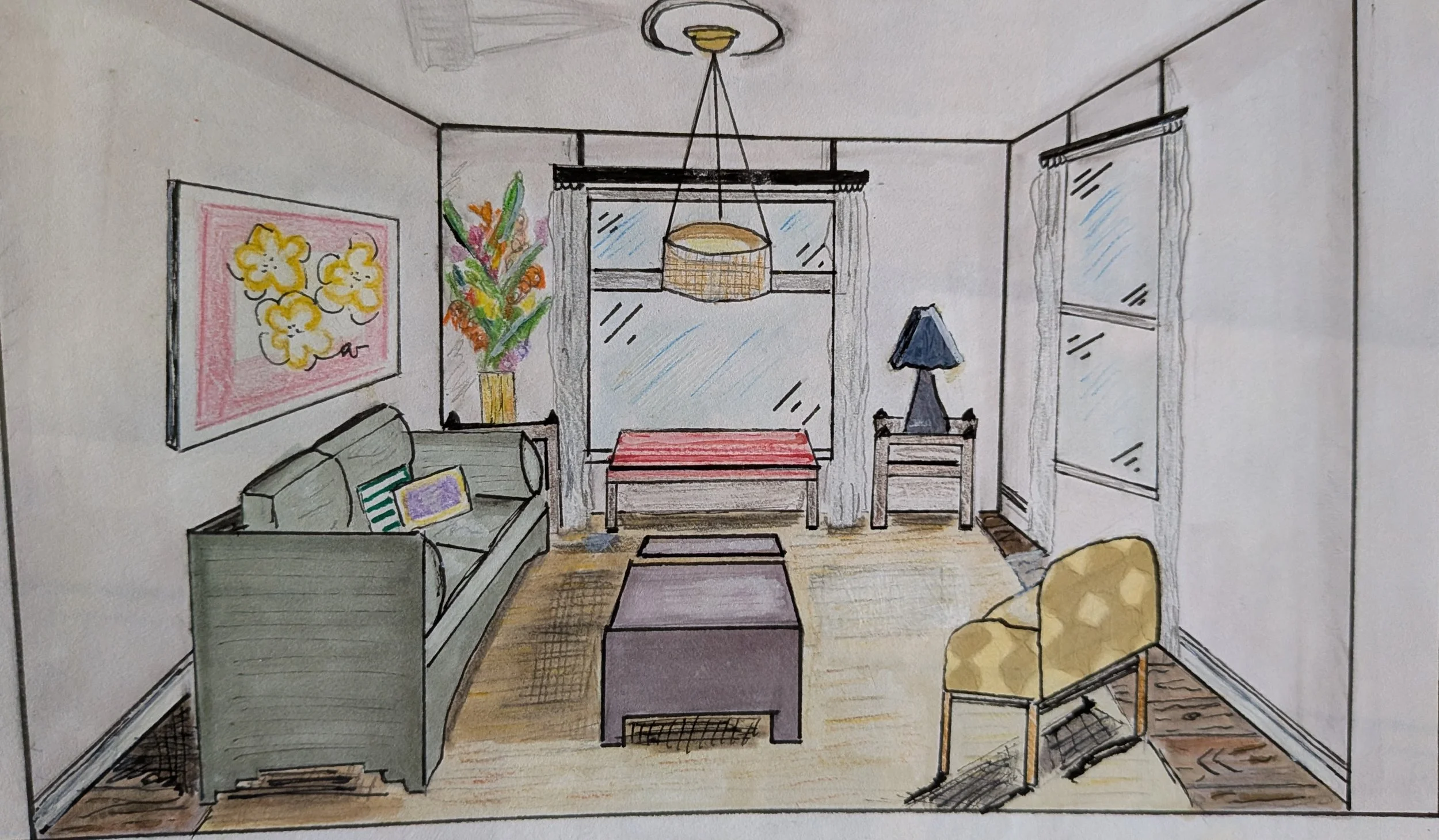 A hand-drawn illustration of a cozy living room with a gray sofa, colorful pillows, a yellow armchair, a coffee table, and a side table with a blue lamp, decorated with a large potted plant, artwork on the wall, and windows with curtains. A ceiling light fixture hangs above.