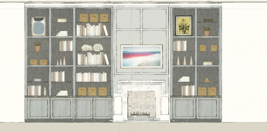 A living room with a large built-in gray bookshelf surrounding a fireplace and a wall-mounted TV above it. The bookshelf contains books, decorative objects, and storage boxes, with a few plants placed on the shelves.
