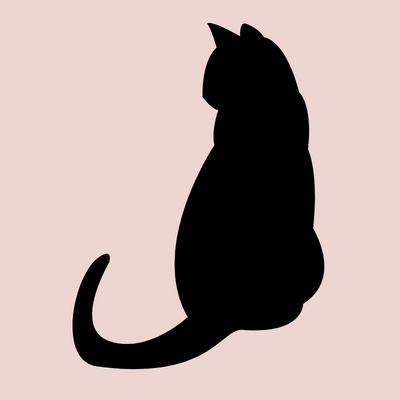Silhouette of a sitting cat against a light pink background.