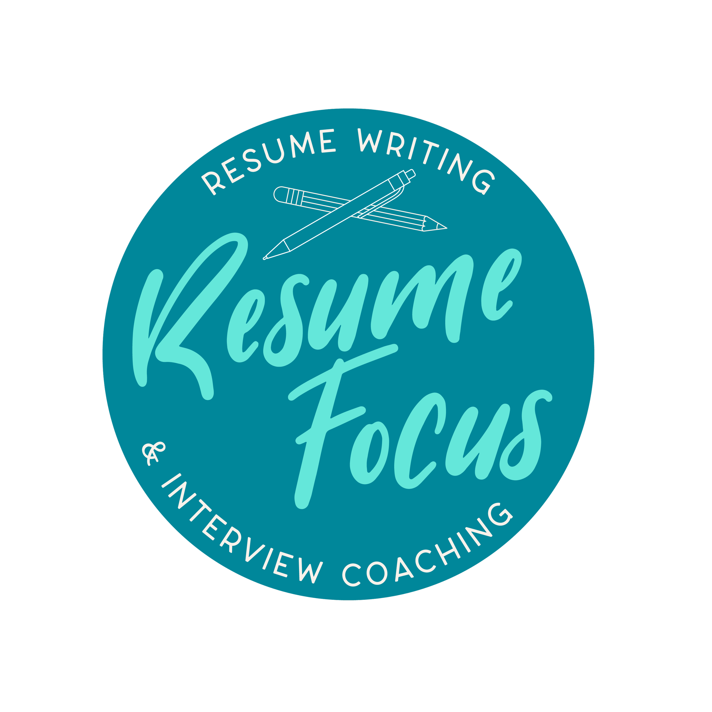 A teal circular logo with white and dark teal text that says "Resume Focus," with the words "NJ Resume Writing" at the top and "NJ Interview Coaching" at the bottom. The logo features simple line drawings of a pencil, pen, and pencil in the center.