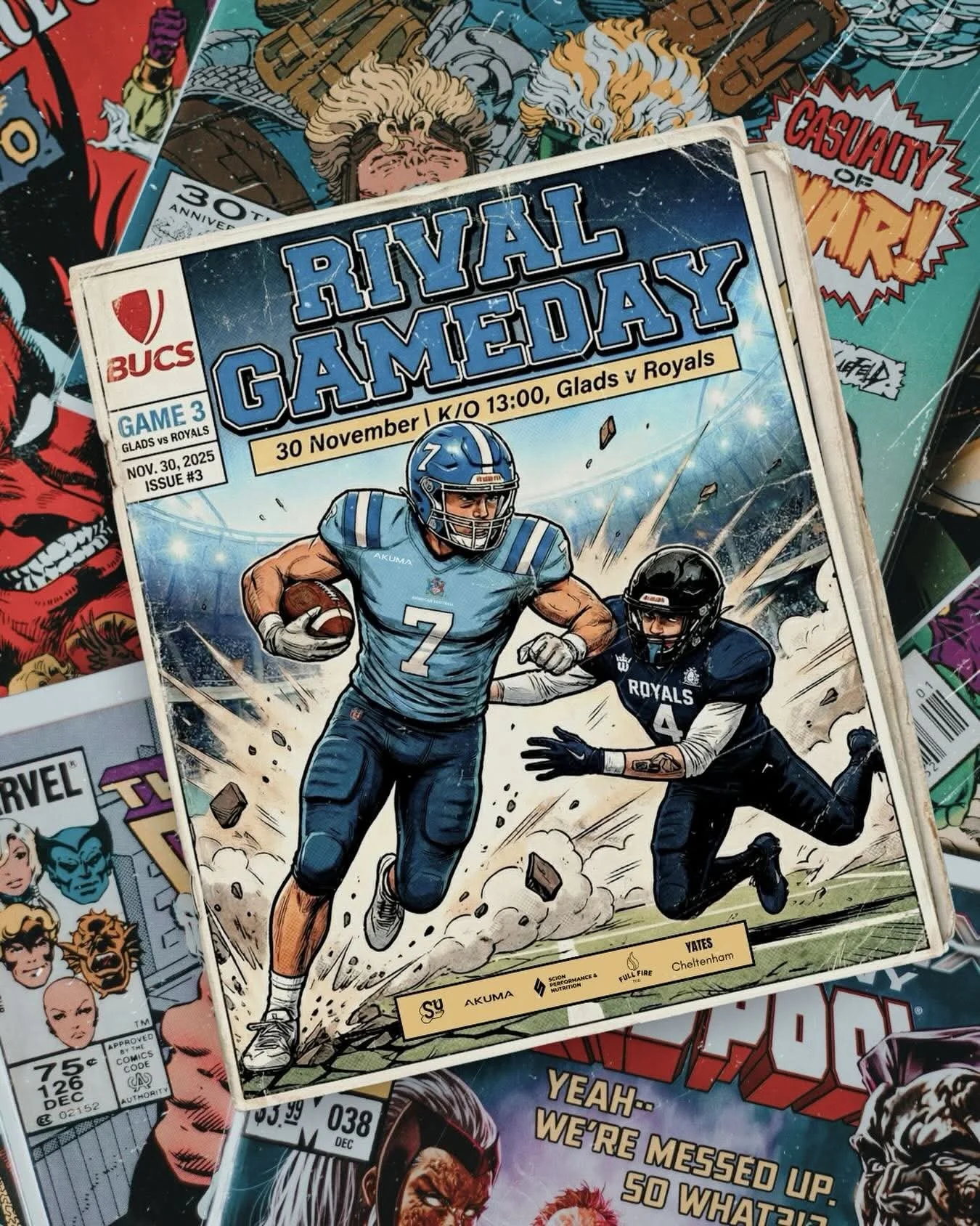 A comic book cover for an American football game event titled 'Rival Gameday' between Glads and Royals, scheduled for November 30, 2025, showing a player from the Glads wearing jersey number 7 running with the ball and a Royals player in pursuit.