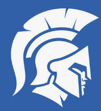 A logo featuring a stylized profile of a Roman or Greek soldier wearing a helmet with a crest, in white on a blue background.