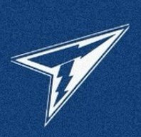 A stylized logo featuring a lightning bolt inside a sharp, angular triangular shape against a dark blue background.
