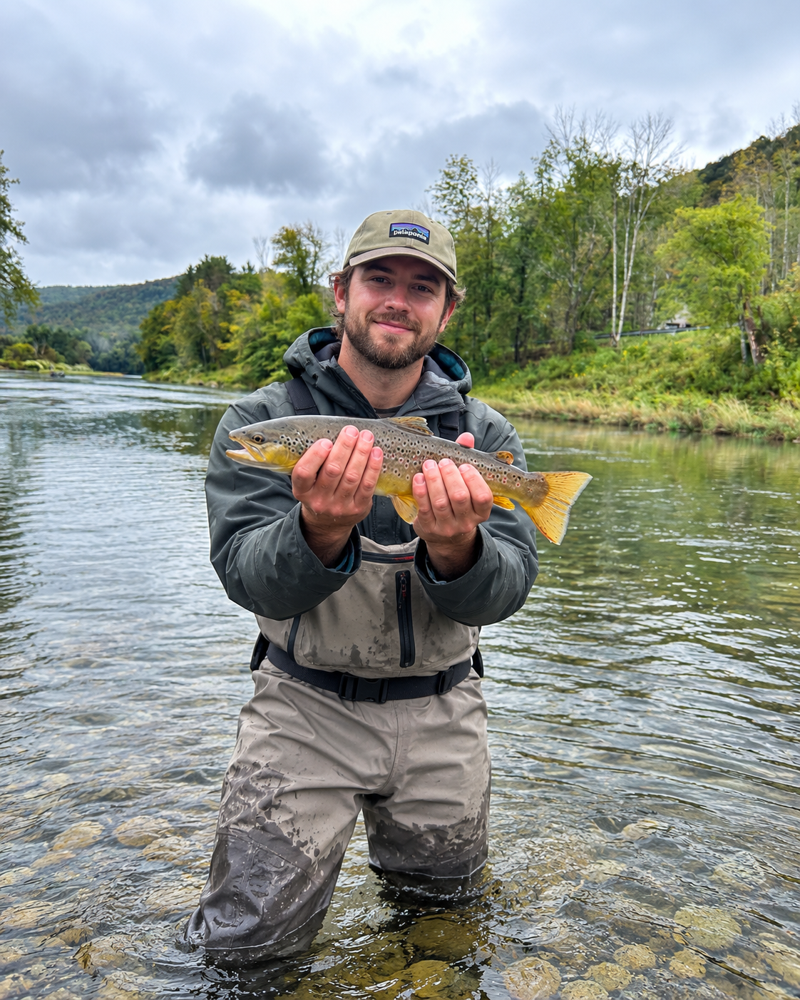 A man standing in a river holding a caught fish, smiling at the camera, with a background of trees and cloudy sky.