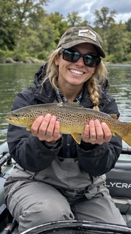 Woman in outdoor gear holding a large fish while sitting in a boat on a river with trees in the background.