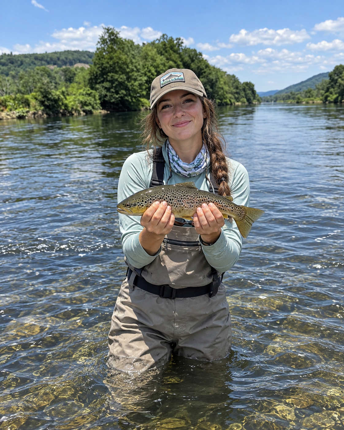 A woman standing in a river holding a fish she caught, with green trees and mountains in the background on a sunny day.