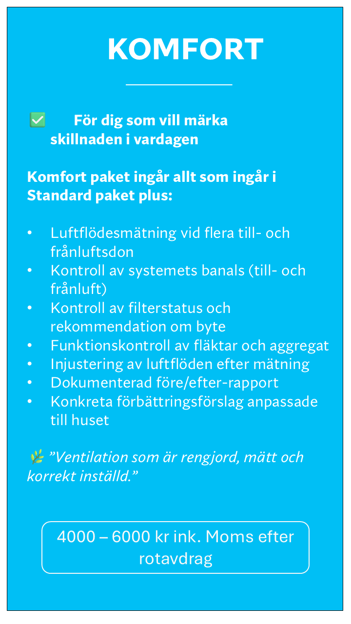 A blue advertising flyer outlining comfort package options for air quality control, including airflow measurement, system checks, filter status, fan and filter adjustments, documentation, and tailored improvements, priced between 4000 to 6000 Swedish kronor.