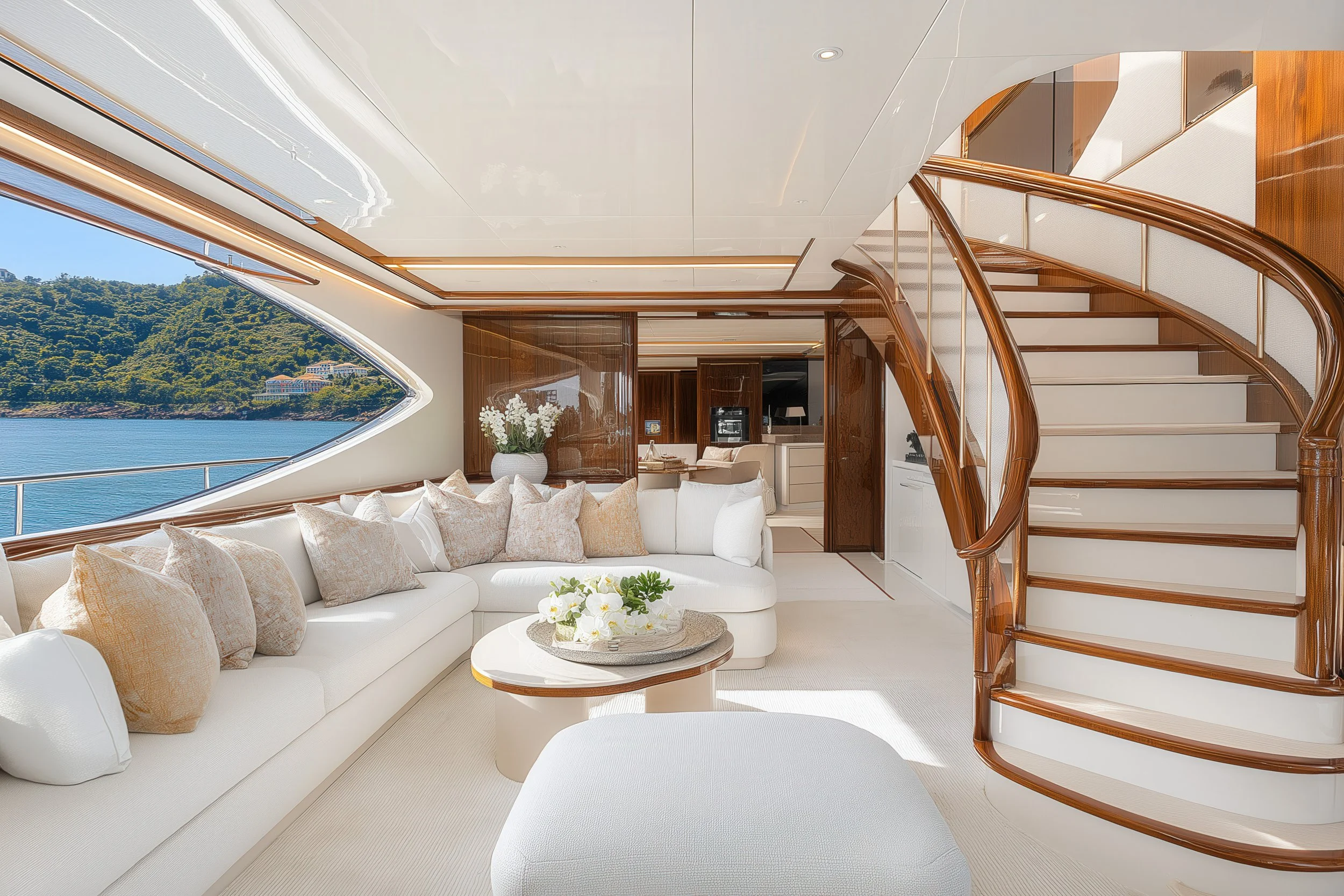 Luxurious yacht interior with cream-colored sofa, plush pillows, round coffee table, flowers, large window showing water and trees, staircase with wooden railing, and a small kitchen area in the background.