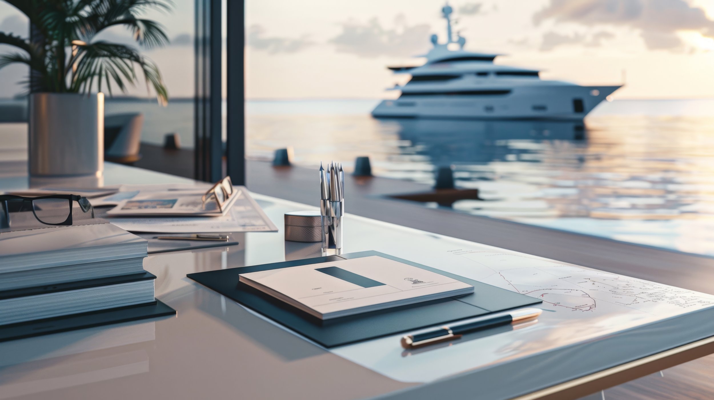 Desk with documents, a pair of glasses, writing utensils, and a large window overlooking a yacht in the water at sunset.