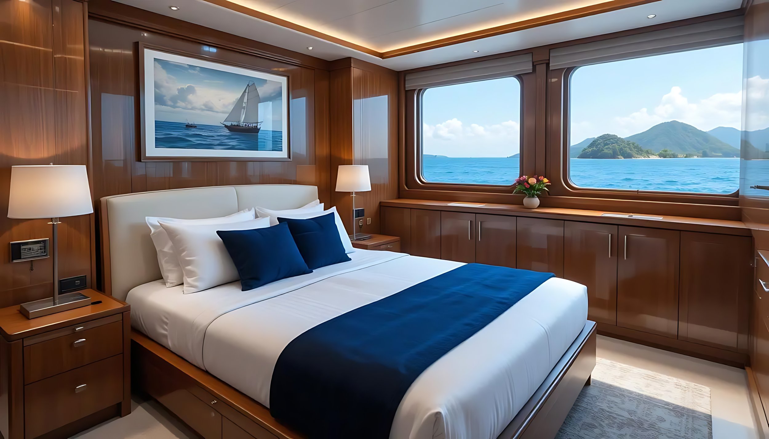 A bedroom with a large bed, blue and white bedding, and pillows. There are two lamps on bedside tables, a framed sailboat picture hanging on a wooden wall, and a large window showing a view of the ocean and islands outside.