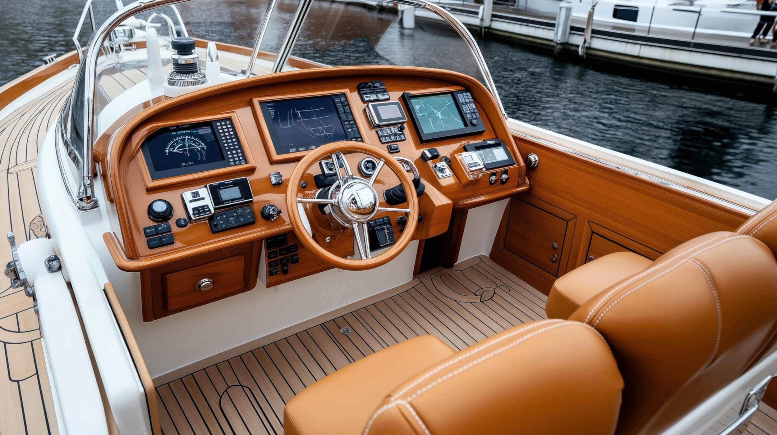 The interior of a luxury boat with a wooden dashboard, multiple navigation screens, and tan leather seats.