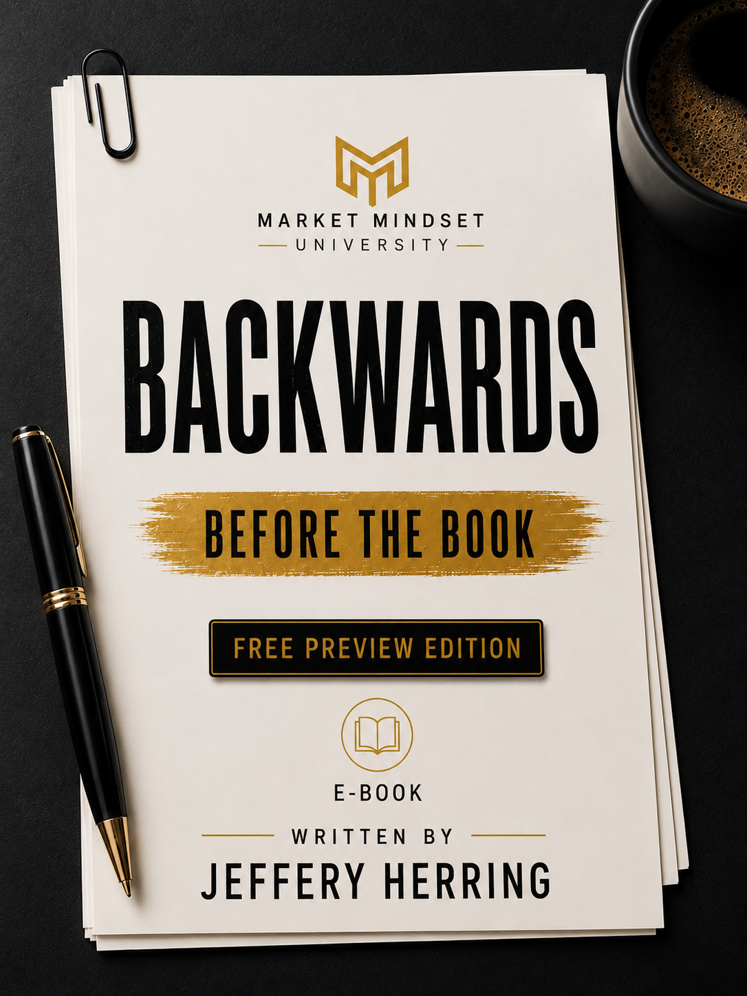 Cover of a book titled 'Backwards Before the Book' written by Jeffery Herring, published by Market Mindset University, offering a free preview version, with a black pen on the left side and a cup of coffee on the top right.