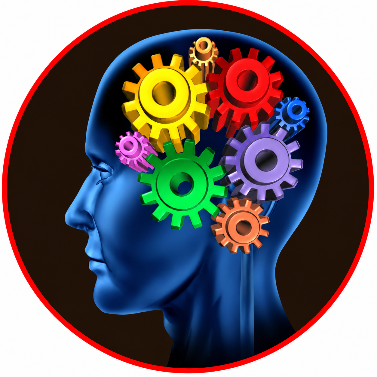 A digital illustration of a human head profile with colorful gears inside the brain area.