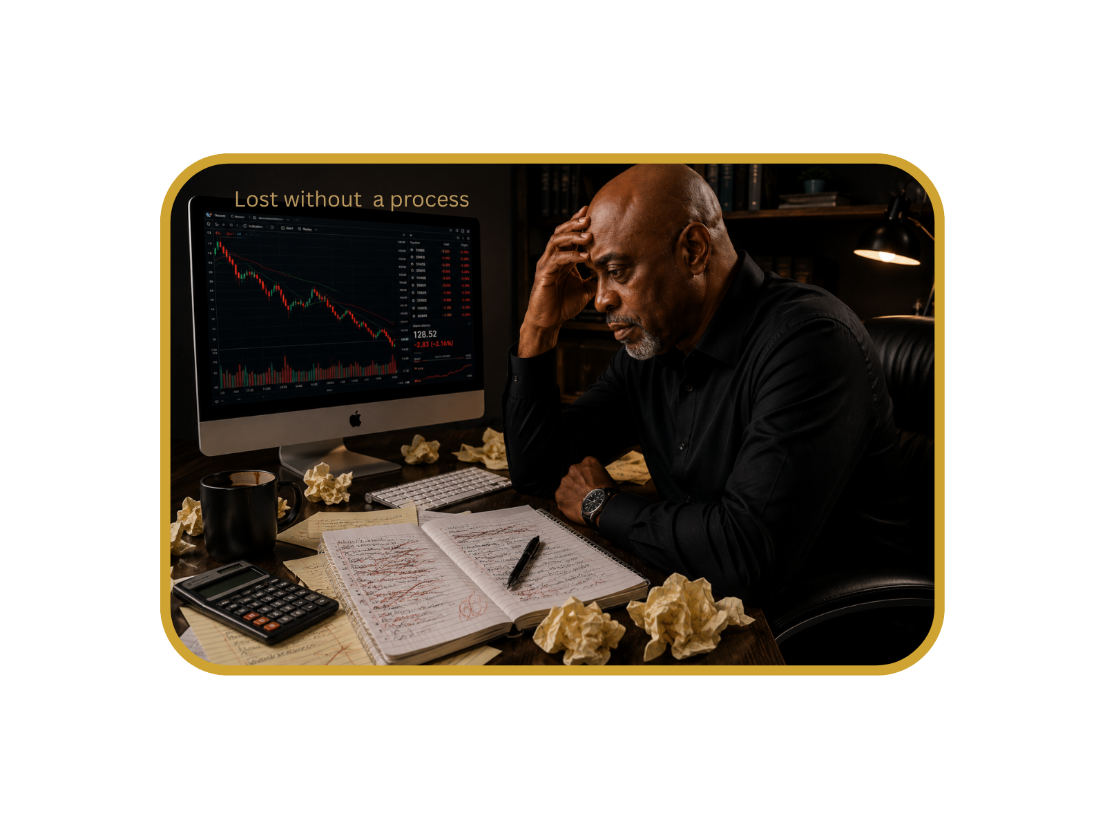 A man sitting at a desk looking stressed, with a computer displaying a declining stock chart, crumpled papers, a calculator, a coffee mug, a notebook with handwritten notes, and a pen.
