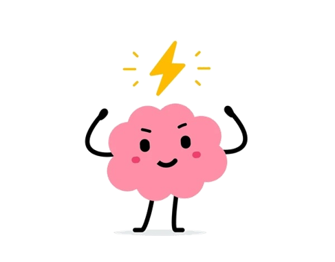 Cartoon pink brain with a lightning bolt above it, smiling and flexing its arms.