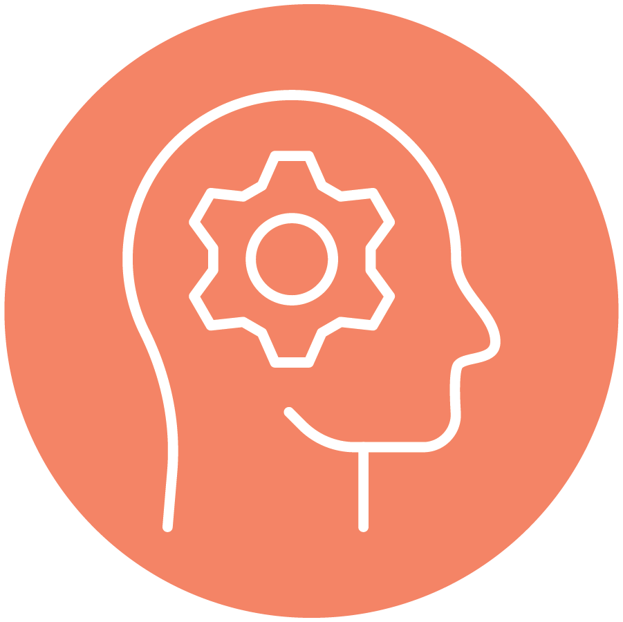 Outline of a human head with a gear inside, on an orange circular background, suggesting an intellectually stimulating experience.