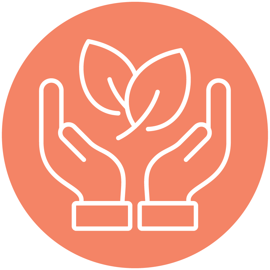 Outline illustration of two hands gently holding a small plant with three leaves against a peach-colored circular background, suggesting a nature experience.