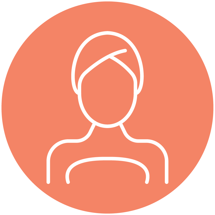 Outline of a woman in a hair wrap suggesting a spa experience, depicted in white lines on an orange background.
