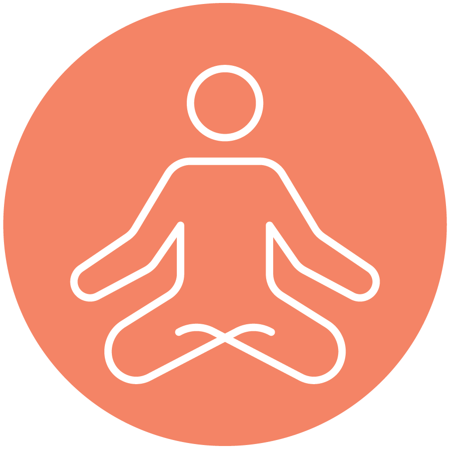 Line drawing of a person meditating in a cross-legged seated position on an orange circular background suggesting a personal pause or time out.