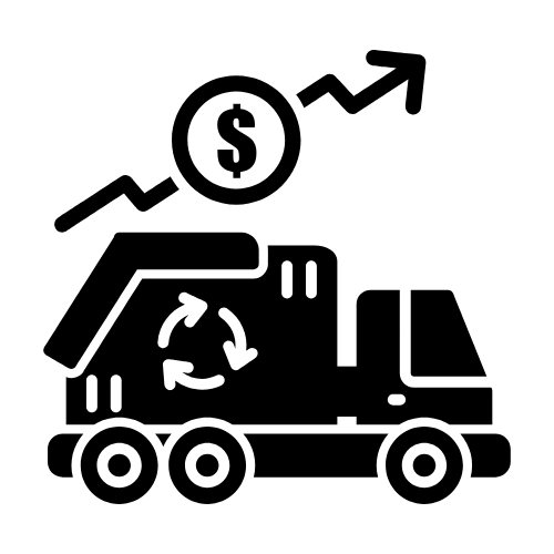 A trash truck with a dollar sign and an upward arrow above it, indicating increased costs.