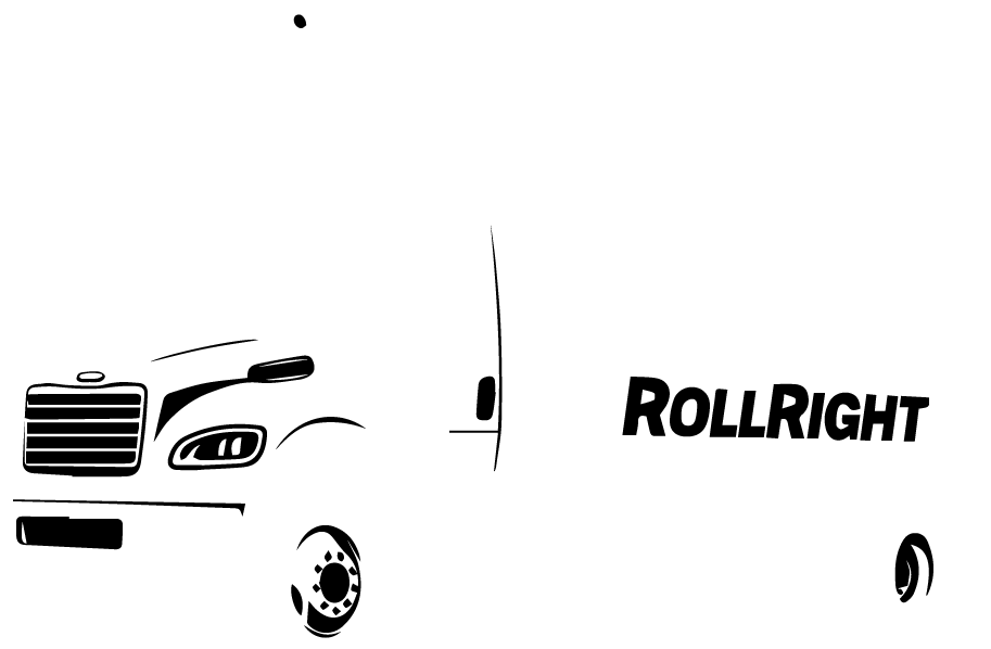 Black and white illustration of a compaction truck with the text 'RollRight' on the side.