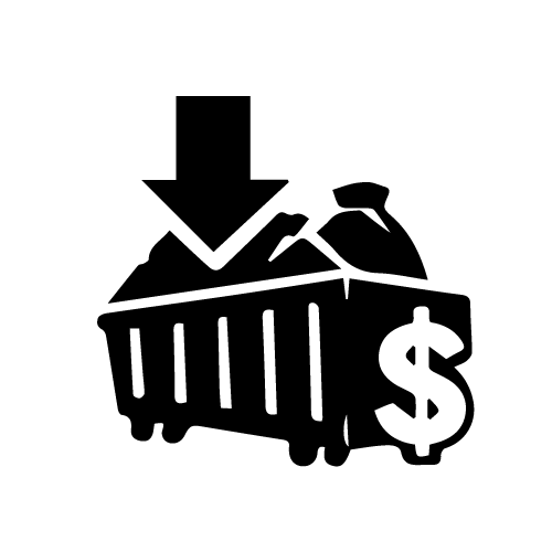 A dumpster with a dollar sign on the side and a downward arrow above it, indicating a price drop.