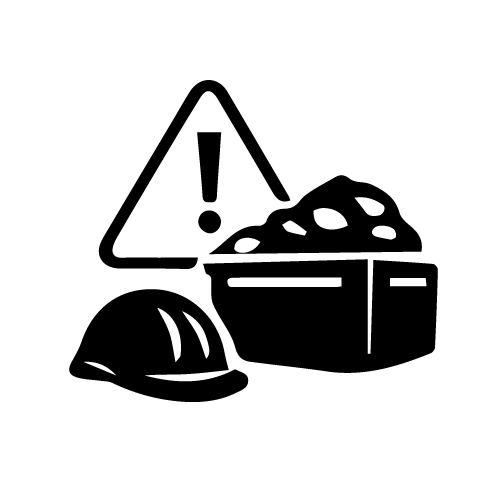 Safety helmet, a caution warning sign with an exclamation mark, and a pile of rocks or debris.