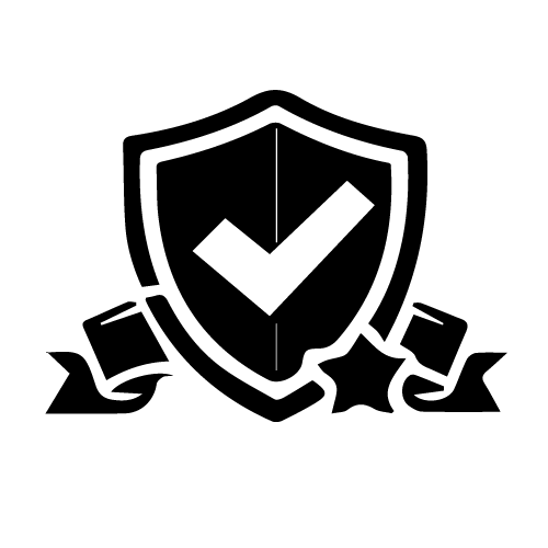Black shield with a white checkmark in the center, flanked by ribbon banners on each side.
