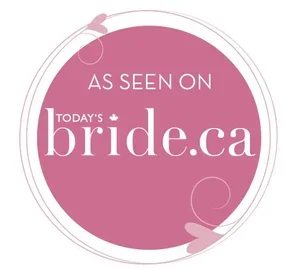 Pink circular logo with white text that says 'As seen on today’s bride.ca' and decorative swirls.