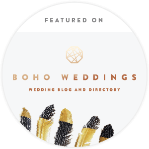 Circle logo featuring the text 'Featured on Boho Weddings Wedding Blog and Directory' with a geometric icon and decorative gold and black flowers at the bottom.