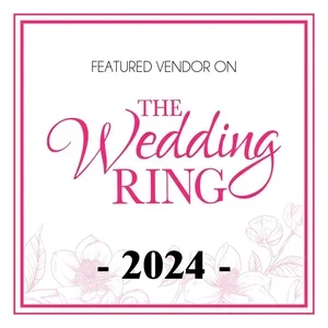 Design featuring the text 'Featured Vendor on The Wedding Ring 2024' with floral accents and pink borders.