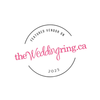 Silhouette of a bride and groom with the text 'theWeddinging.ca' in pink and black.