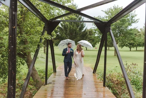 Bride+and+groom+walk+in+the+rain+under+clear+umbrella+photo+by+Fedora+Media.webp