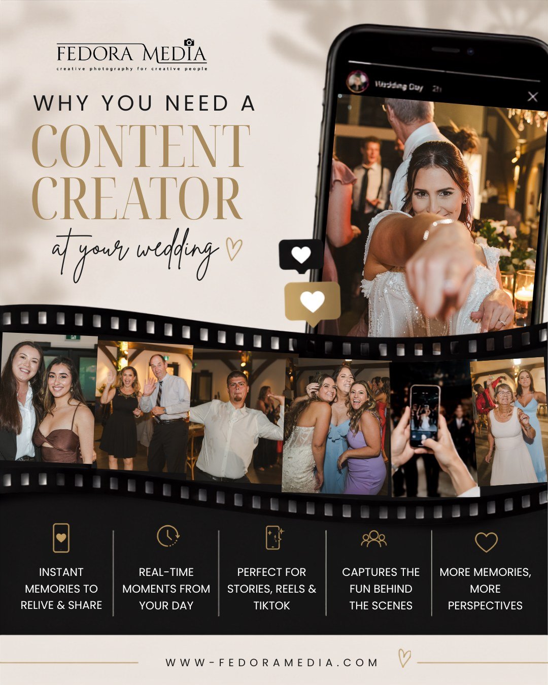 Your photographer captures the moments you&rsquo;ll frame. Your videographer captures the story. And your Day-Of Content Creator catches all the fun, candid, behind-the-scenes moments you&rsquo;ll want to share right away. 📱✨

Because your wedding d