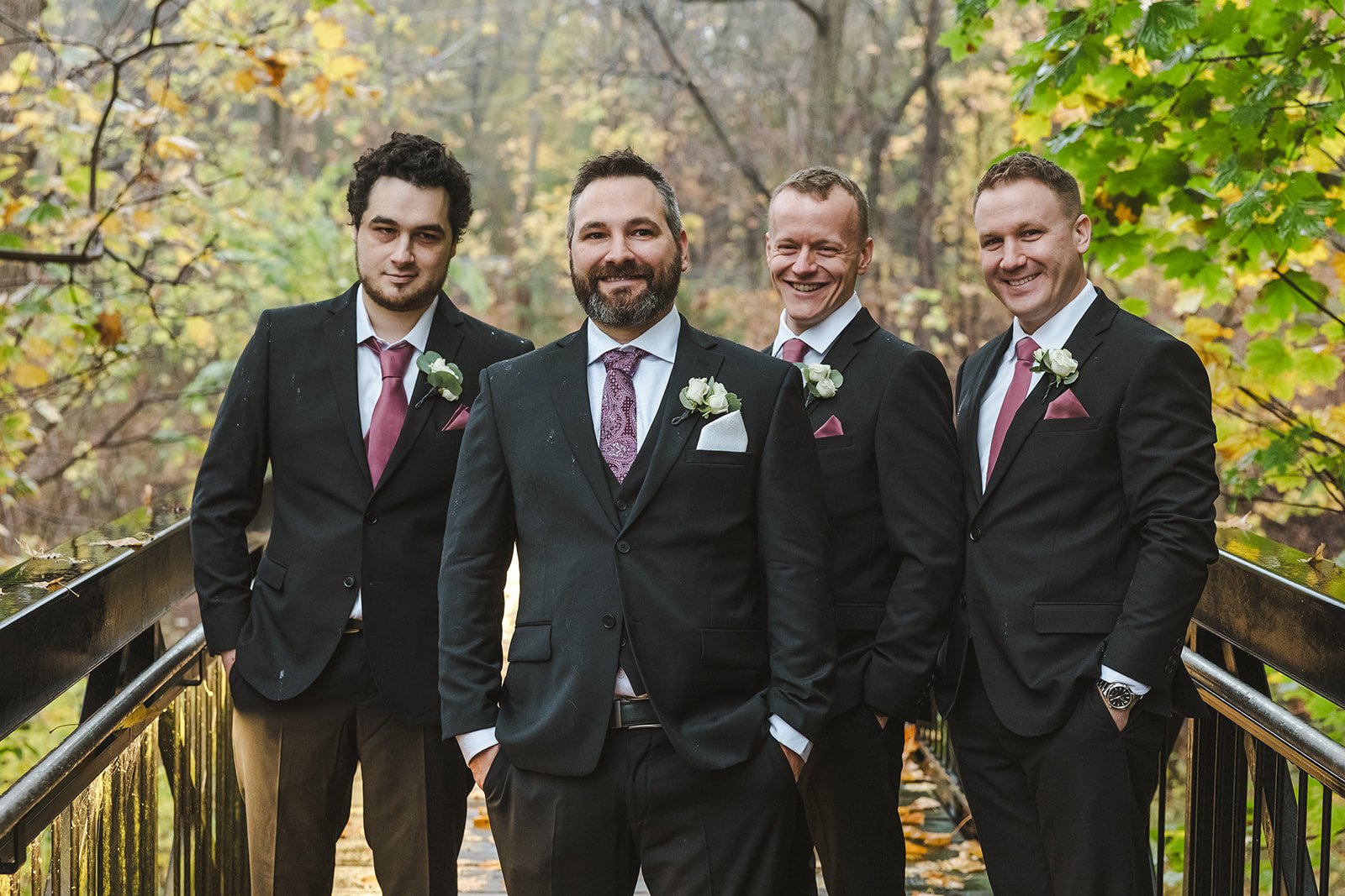 Groom with groomsmen on bridge  Ancaster,  ON  Ancaster Mill  Fedora Media.jpg