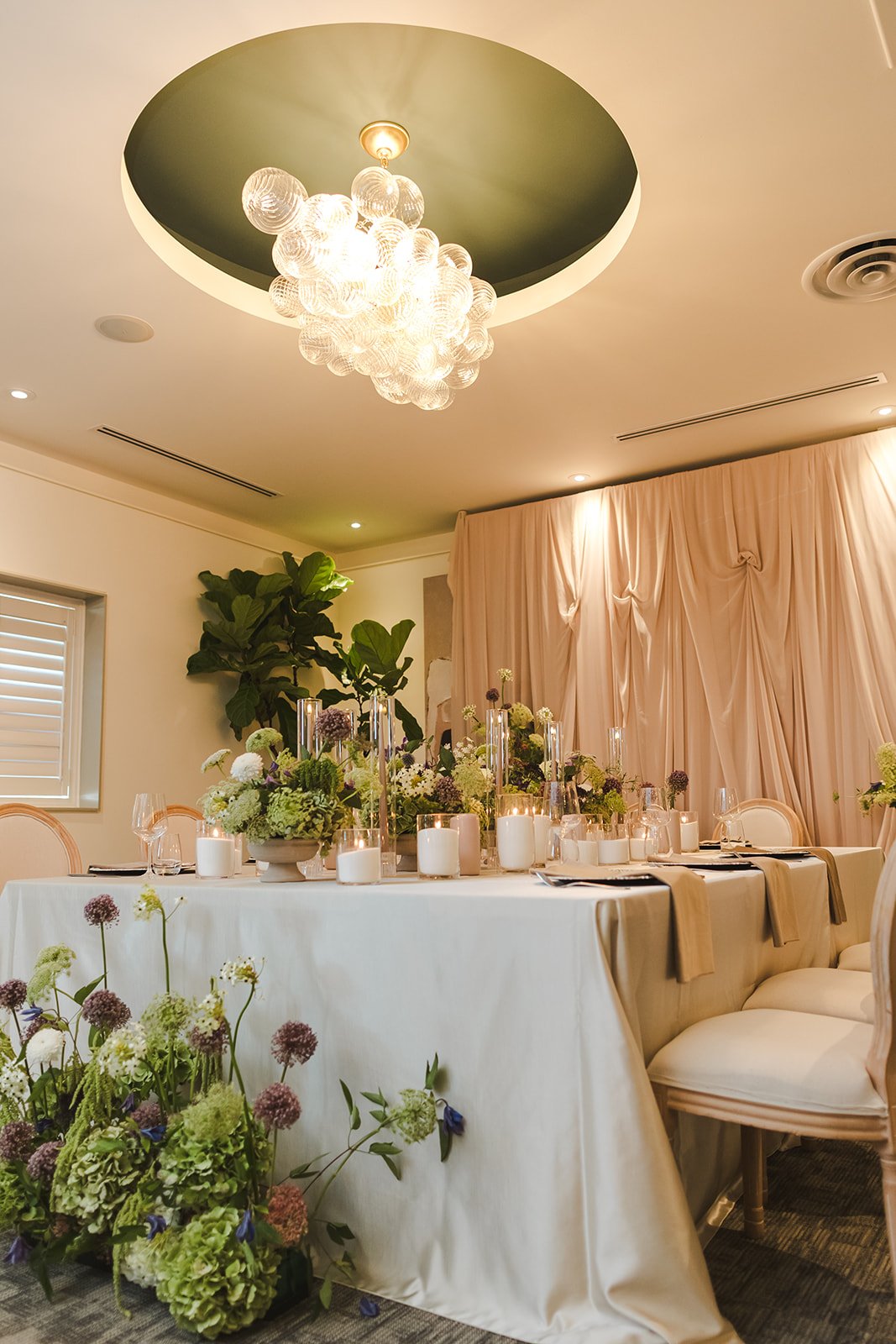 Wedding tablescape with large ceiling light  Urban Jungle  Black Shop Restaurant  Cambridge, ON  Fedora Media.jpg