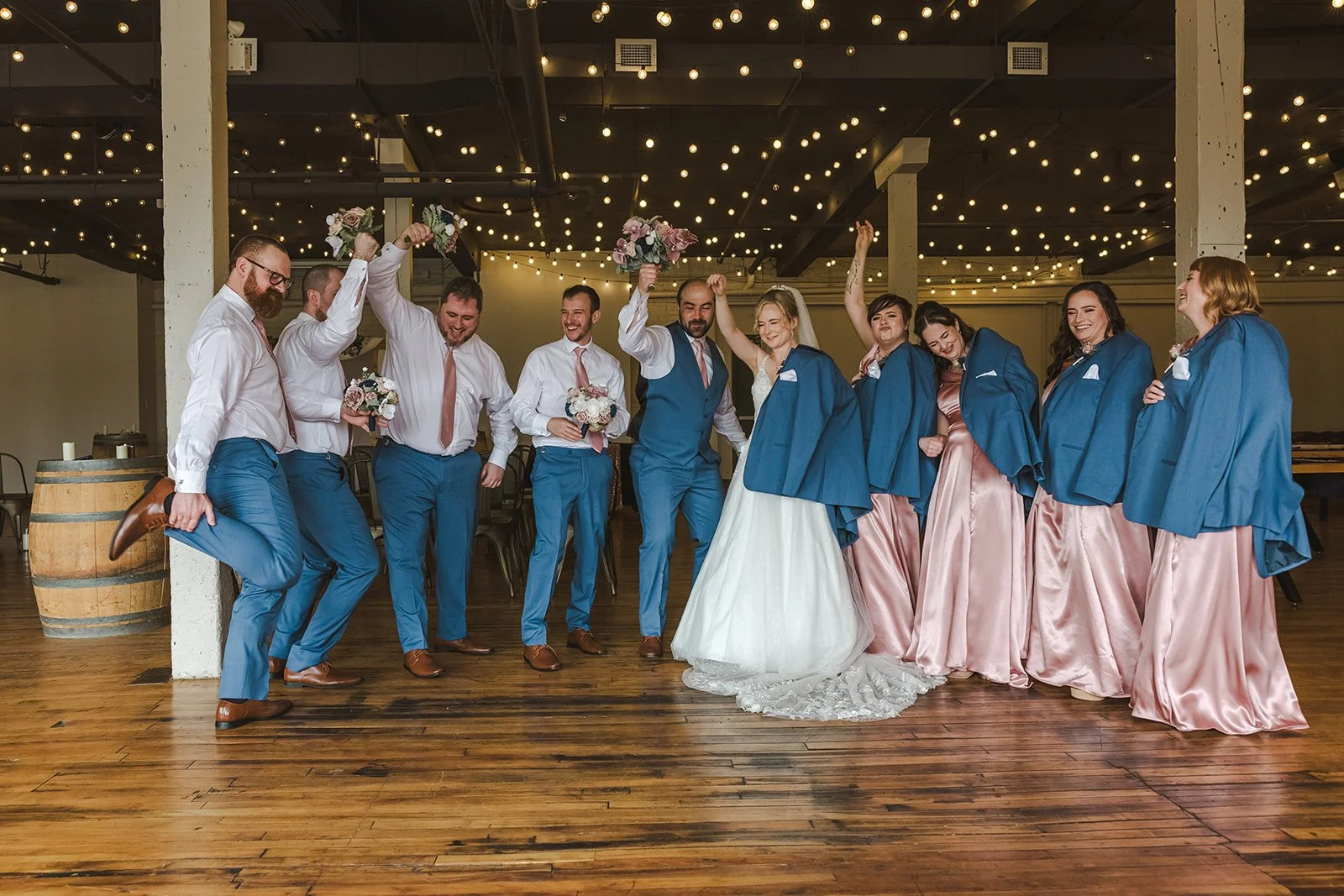Full wedding party cheering  Four Fathers  Cambridge, ON  Fedora Media.jpg