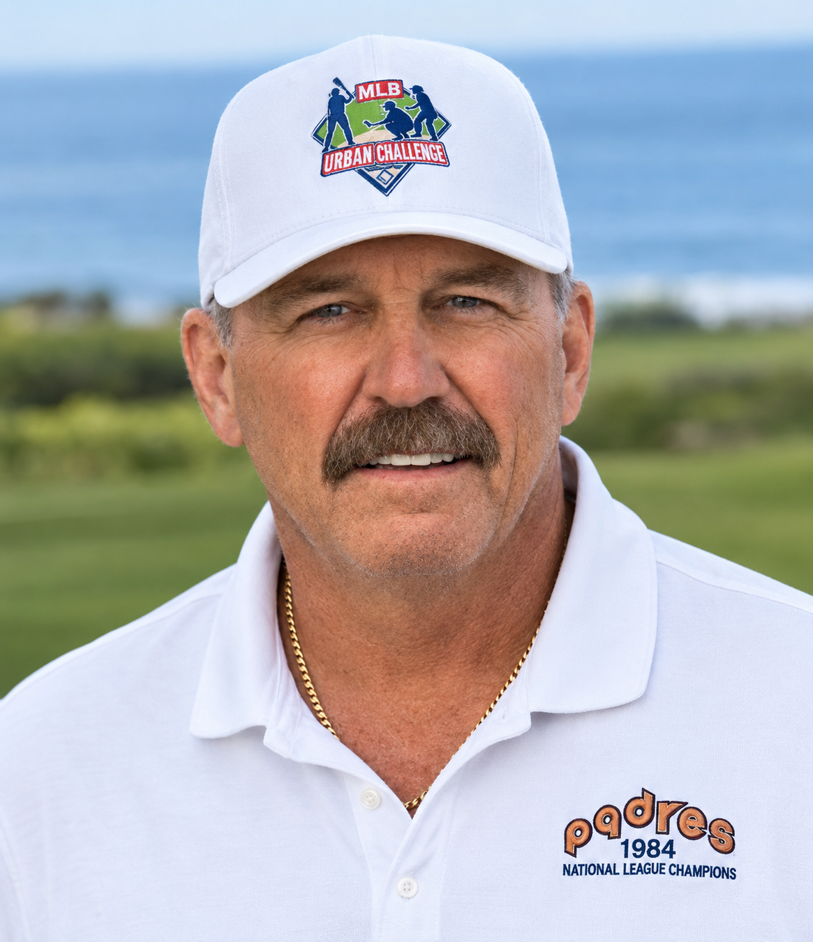 Portrait of a mustached man wearing a white MLB Urban Challenge cap and Padres 1984 National League Champions polo shirt