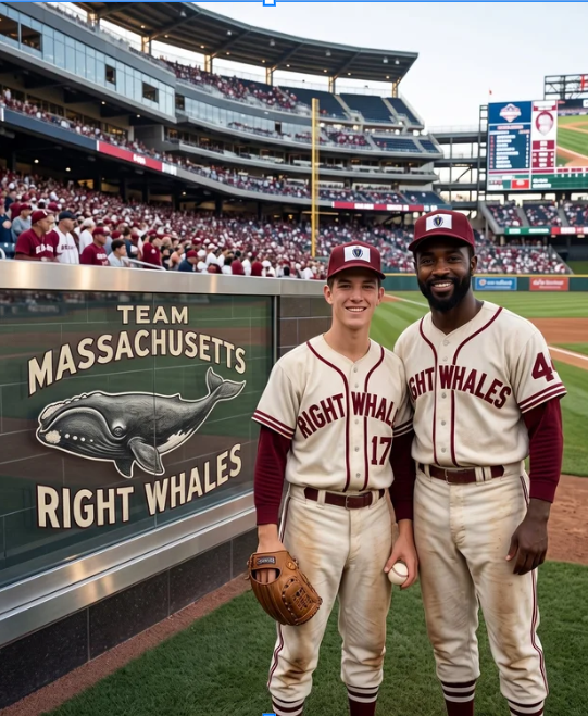 Two baseball players in vintage uniforms standing on the field at a stadium, with a sign that says "Team Massachusetts Right Whales" and a whale logo, crowd in the stands, and scoreboard in the background.