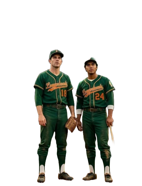 Two baseball players in green uniforms standing side by side, holding gloves, with a black background.