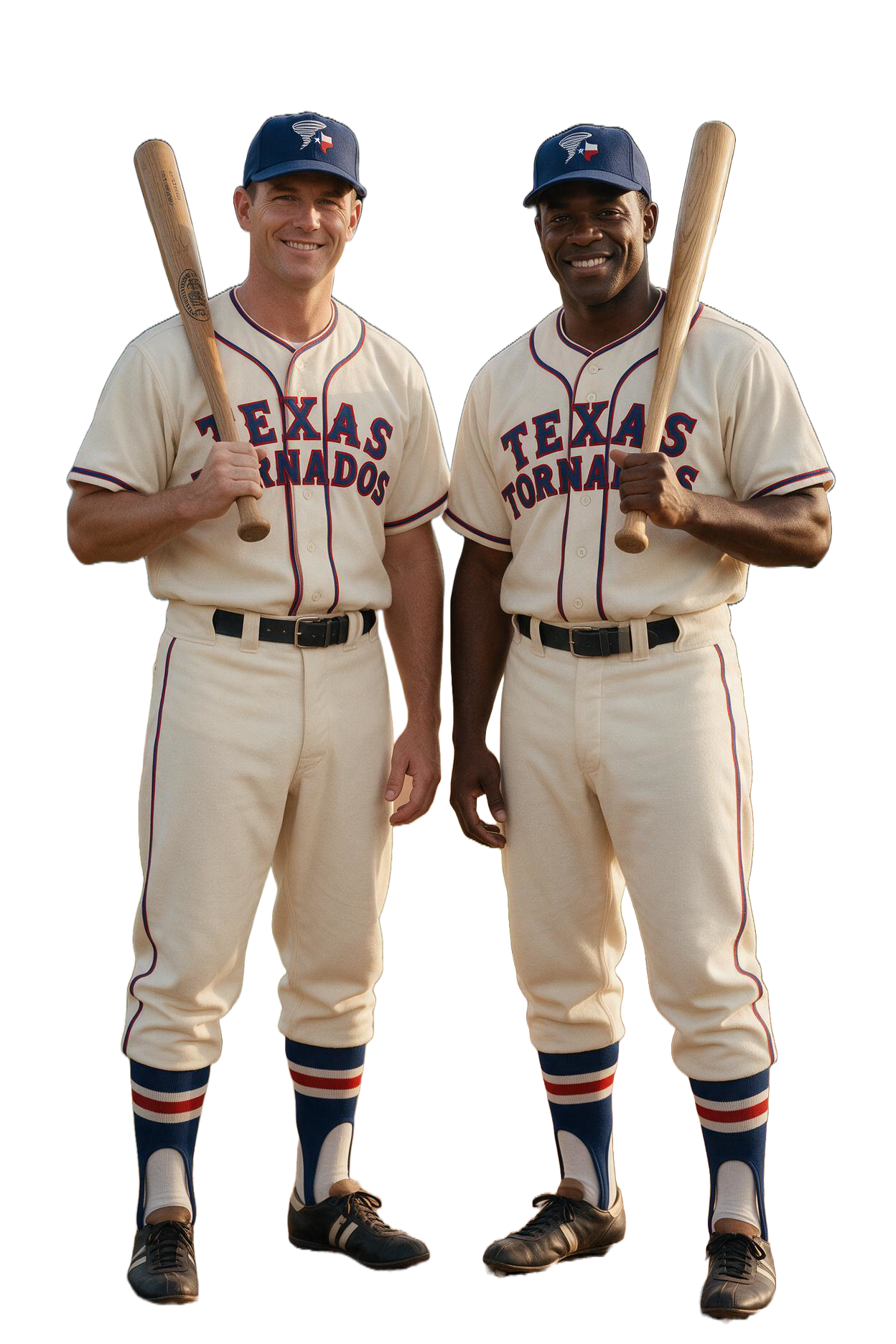 Two men dressed in vintage Texas Tornados baseball uniforms holding wooden baseball bats. Both are smiling, wearing blue caps, cream-colored uniforms with red and blue accents, striped socks, and black cleats.