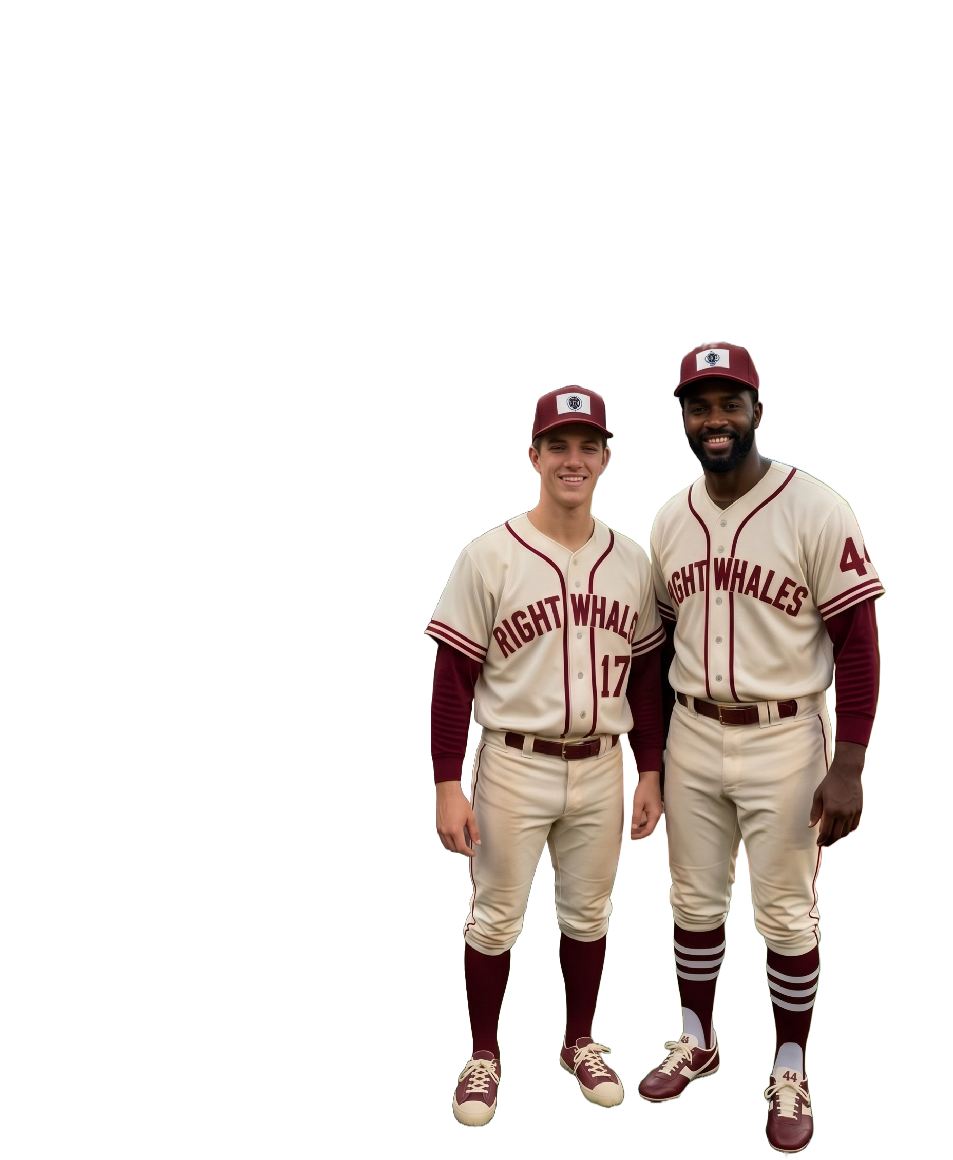 Two male baseball players standing next to each other, wearing cream-colored uniforms with maroon caps and maroon and white striped socks, smiling, with the words "RIGHT WHALES" and numbers on their jerseys.